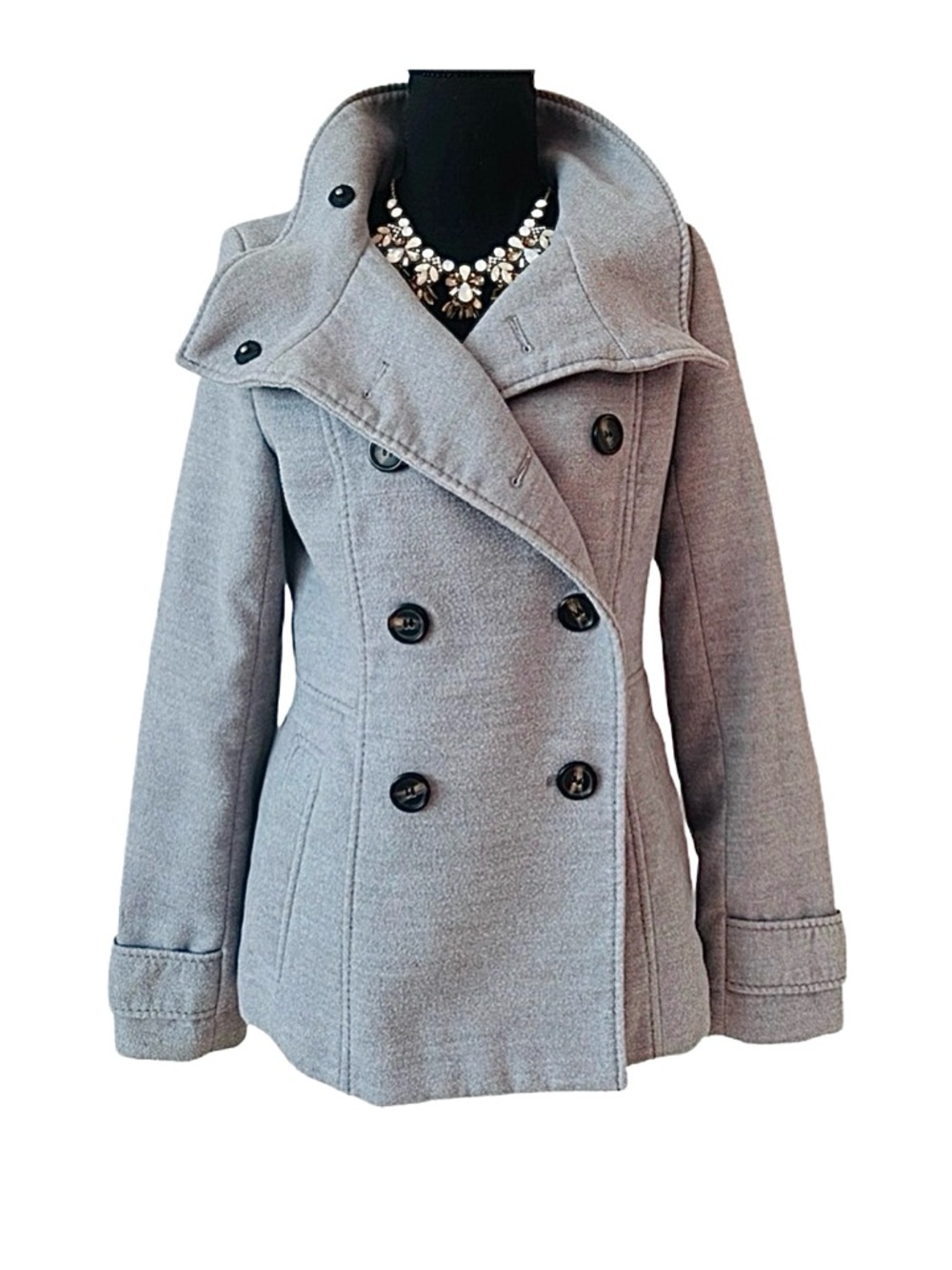 H&M ~ Classic Long Sleeve Gray Peacoat w/Turn Up Collar and Bold Black Buttons
